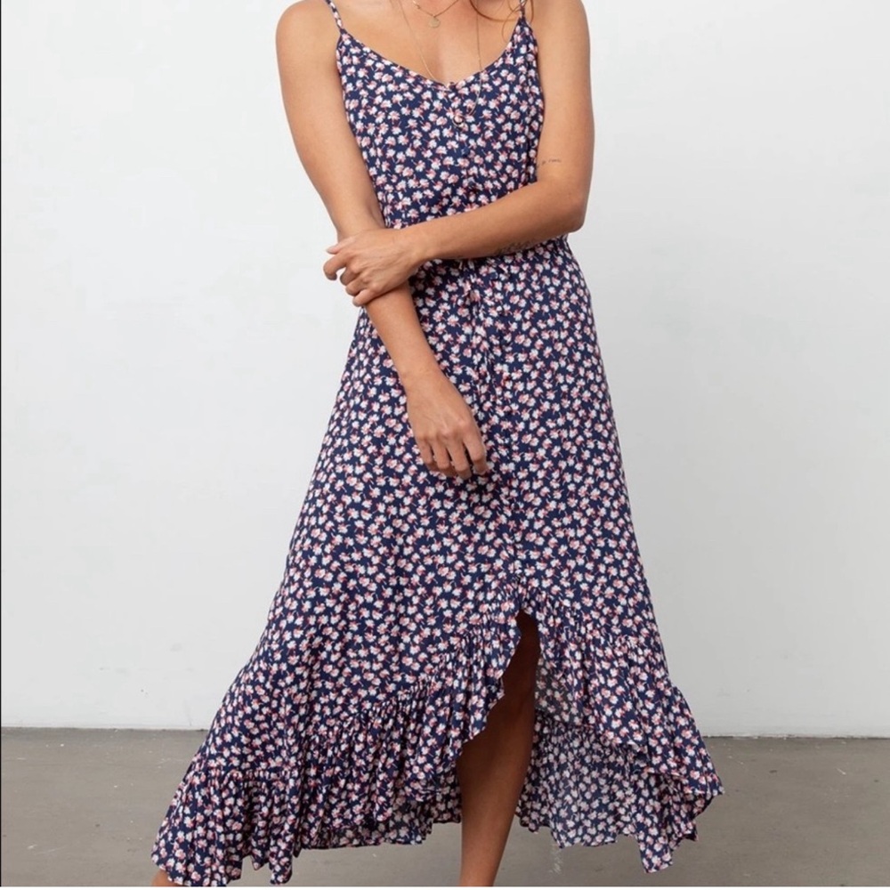Rails Frida Pink Poms Blue Floral Midi Dress Sz M